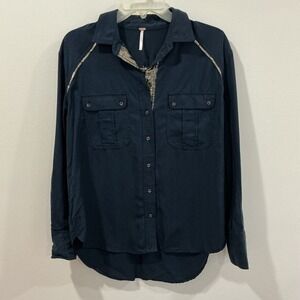 Free People‎ Off Campus Top Womens Sz S Metallic Shimmer Navy Button Down Blouse